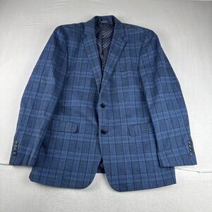 Crown & Ivory Mens Blue Windowpane Sport Coat 44R Cotton Spandex Blend preppy